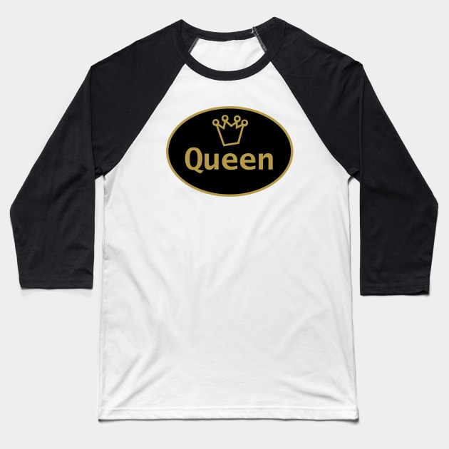 Gold Queen and Crown on Black Oval Baseball T-Shirt by ellenhenryart